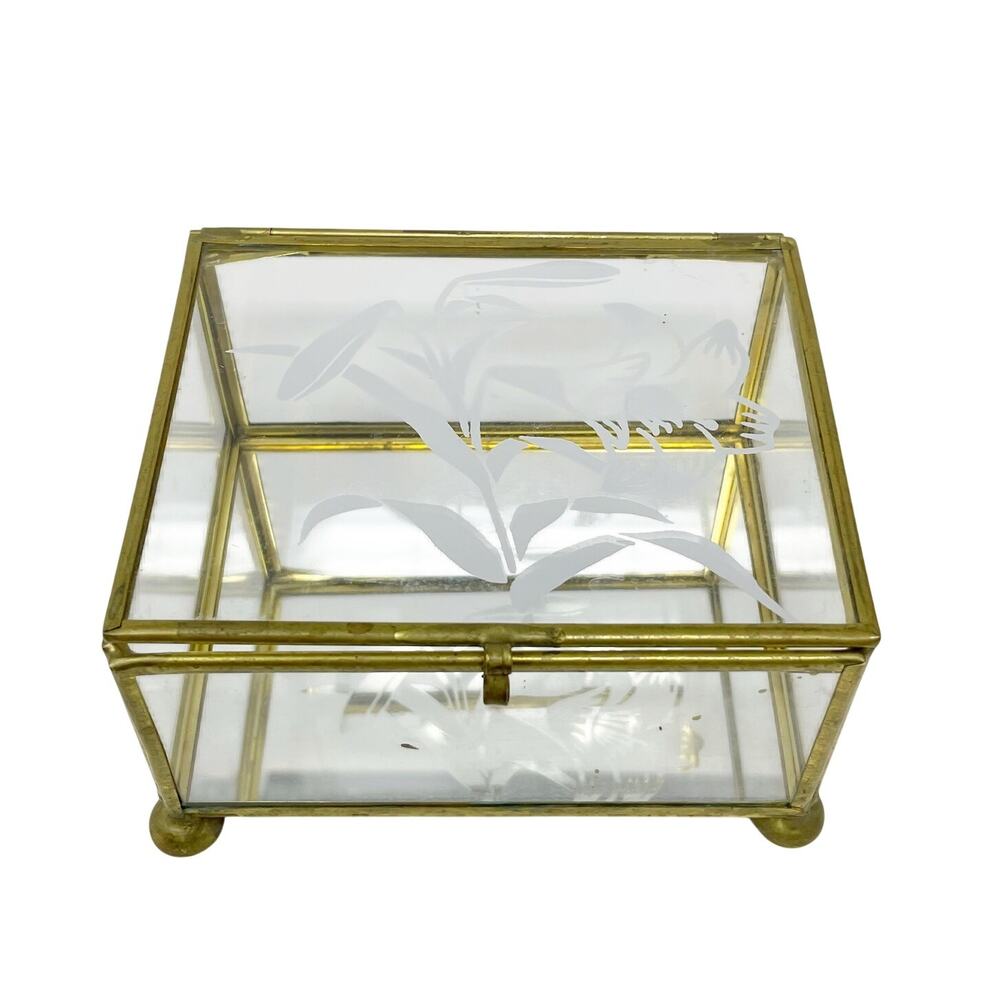 Vintage Gold Tone Brass Etched Floral Glass Trinket Jewelry Box Hinged Footed